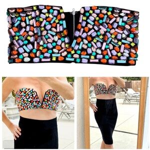 REHAB LAB rhinestone bustier bra crop top bralette strapless black colorful M